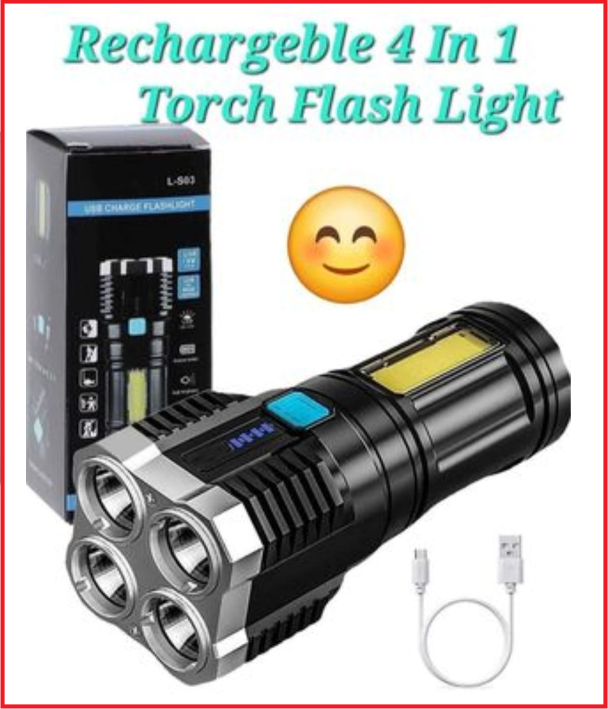 4 in 1 Led Torch Lights Rechargeable Emergency Torch Light 3W USB Charge Flashlight - High Power Long Distance Beam Range 4 Mode Torch for Outdoor, Indoor,Hiking,Walking,Camping